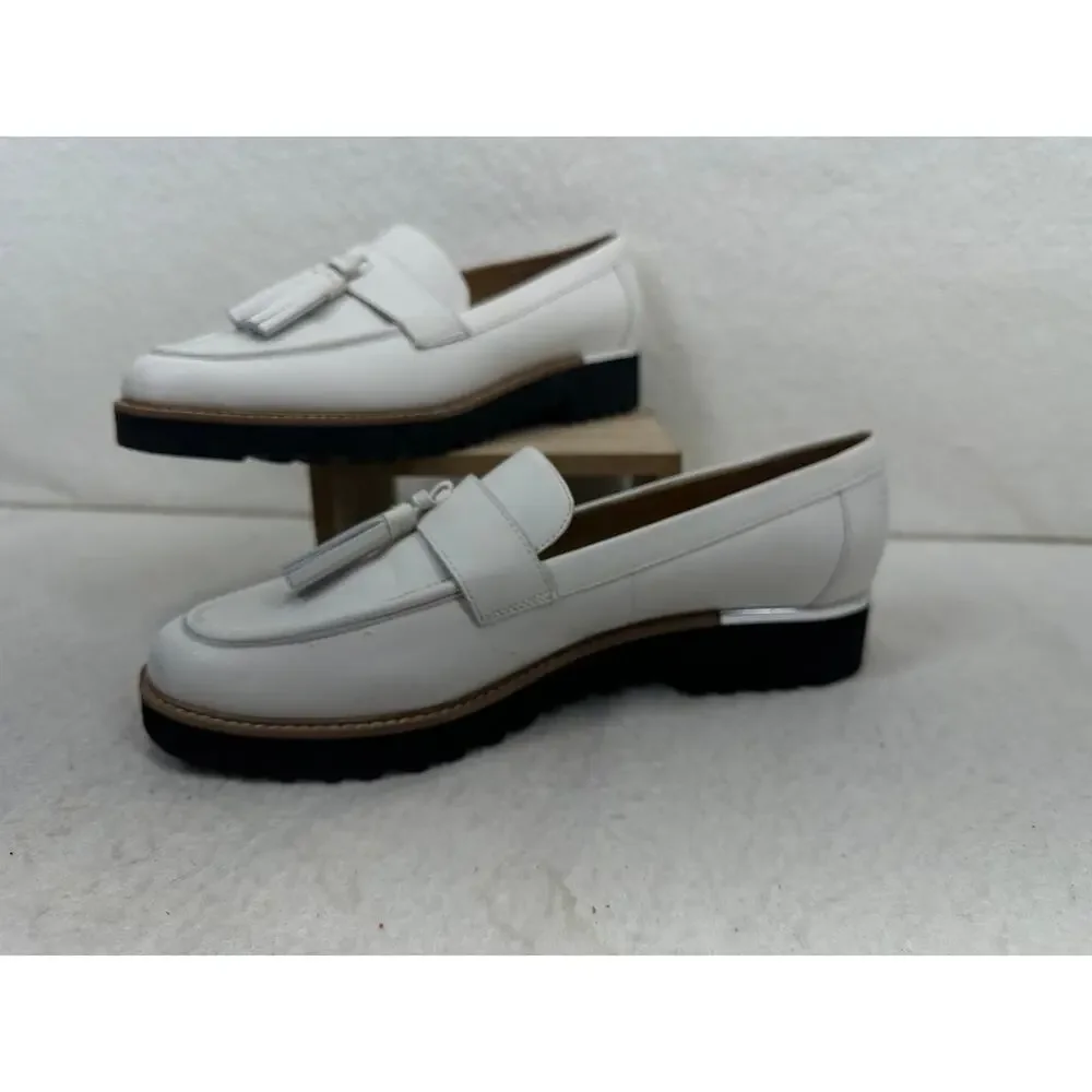 Franco Sarto White Leather Carolynn Tassel Loafer Silver Detail SZ 8.5 NWOT